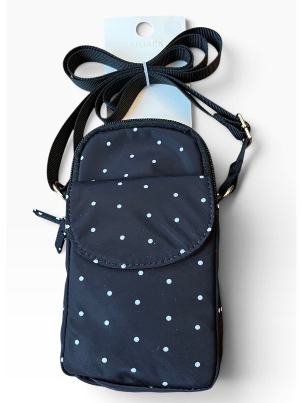 Small Black & White Polka Dot Nylon Crossbody Cell Phone Bag Water Resistant NWT